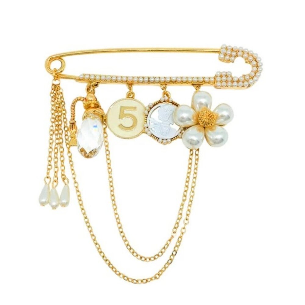 Chanel Style Safety Pin with Charms Brooch